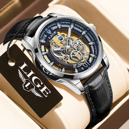 Original LIGE Men Watch Gold Stainless Steel Hollow Skeleton Quartz Watches for Men Fashion Military Waterproof Men Wristwatch