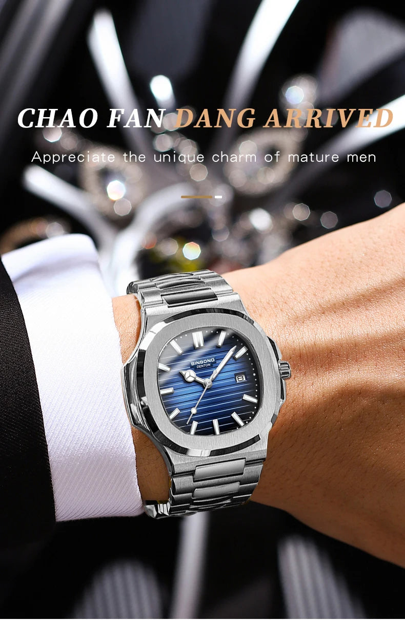 BINBOND sturdy stainless steel strap quartz wristwatches for men luxury luminous waterproof auto date accurate men's watch reloj