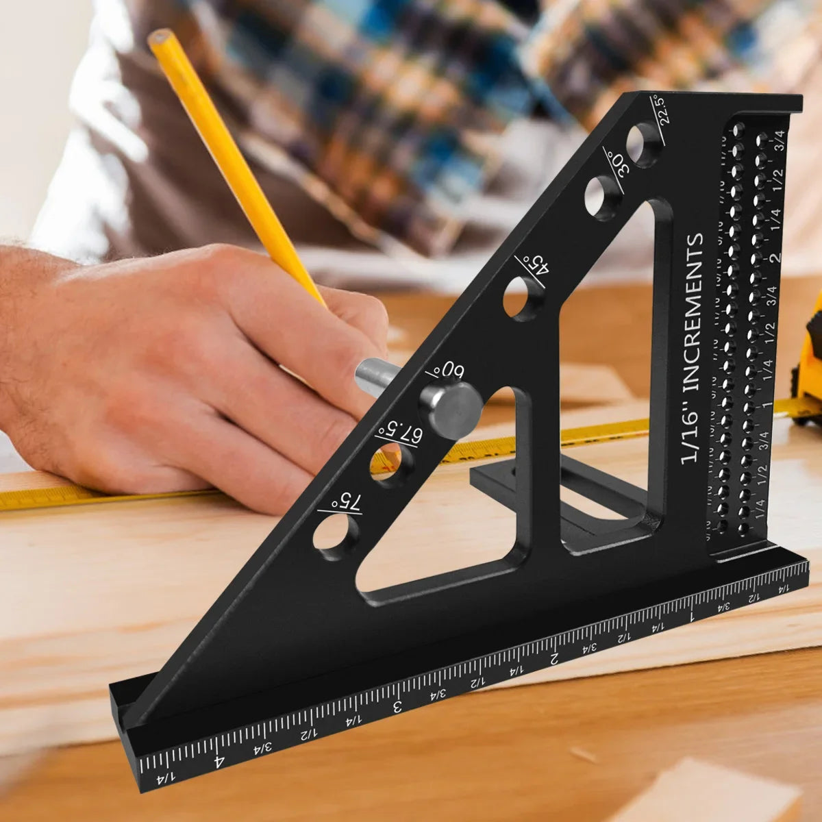 3D Multi-Angle Woodworking Square Protractor, Aluminum Alloy Miter Triangle Ruler T-Type Scriber - 22.5/30/45/60/67.5/90 Degree