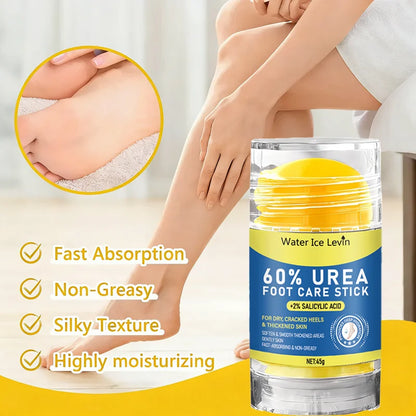 60% Urea Foot Stick 2% Salicylic Acid Smooths. Softens Cracked Heels and Thickened Skin. Fast Absorbing. Tea Tree Coconut. 45g.