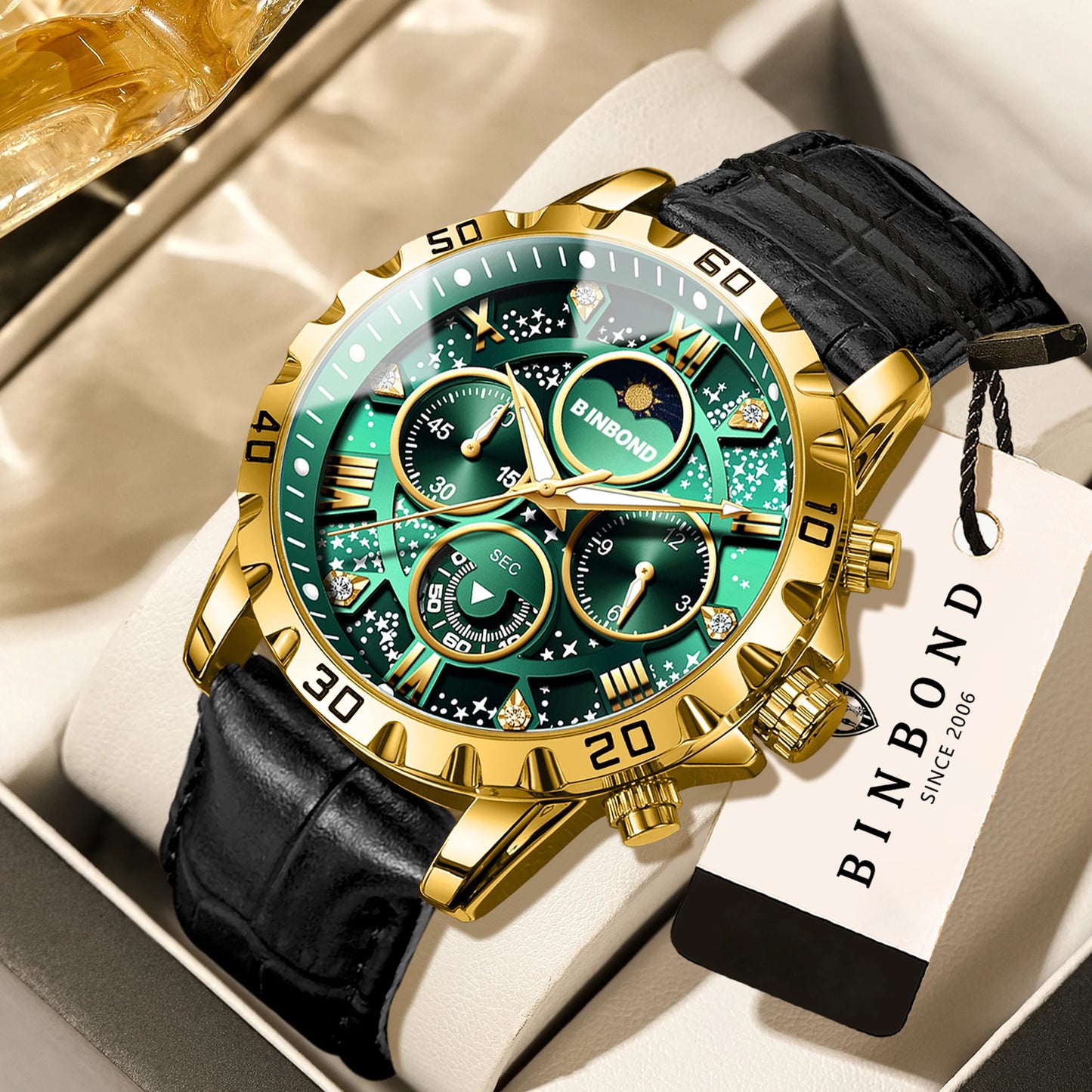 BINBOND Genuine accurate quartz wristwatches for men luxury luminous waterproof chronograph leather strap men's watch reloj