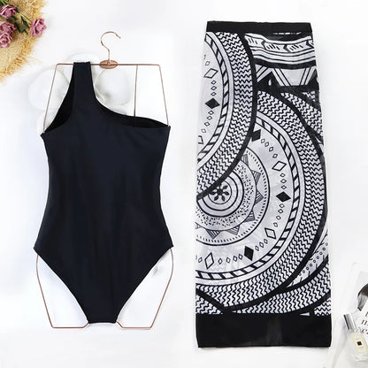 Blue One-Shoulder Ruffled Print Floral Swimsuit Set Cover Up Single Piece Micro Monokini Sexy Swimwear For Girls Summer Beach