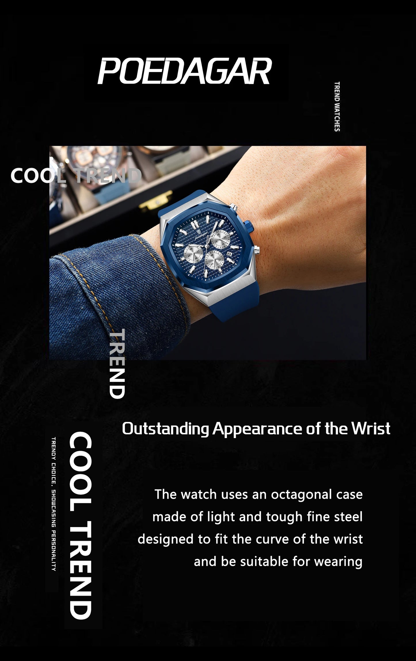 POEDAGAR Business Men's Watch Chronograph Date Silicone Strap Quartz Man Watch Waterproof Luminous Fashion Watches For Men Reloj