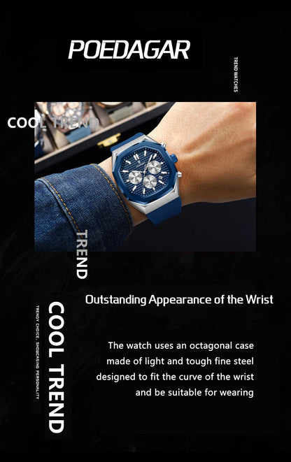 POEDAGAR Business Men's Watch Chronograph Date Silicone Strap Quartz Man Watch Waterproof Luminous Fashion Watches For Men Reloj