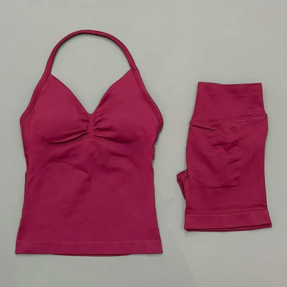Yoga 2 Pieces Gym Set Women Backless Halter Tops High Waist Seamless Shorts Gym Suit Fitness Sports Bras Sportswear Workout Sets