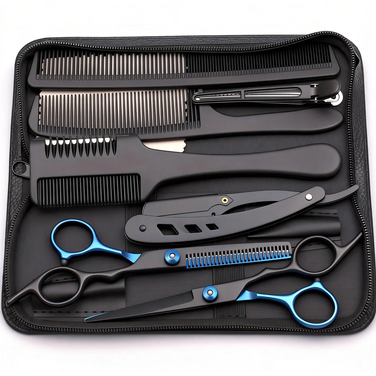 Home Salon Hair Styling Cutting Shears Set Stainless Steel Barber Thinning Scissors Kit with Razor Comb Hairpin Carry Bag 1001