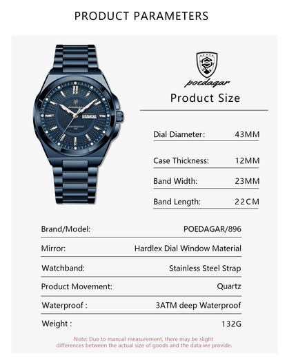 POEDAGAR Top Business Men Wristwatch Stainless Steel Waterproof Luminous Casual Man Watch Date Week Stylish Men's Quartz Watches
