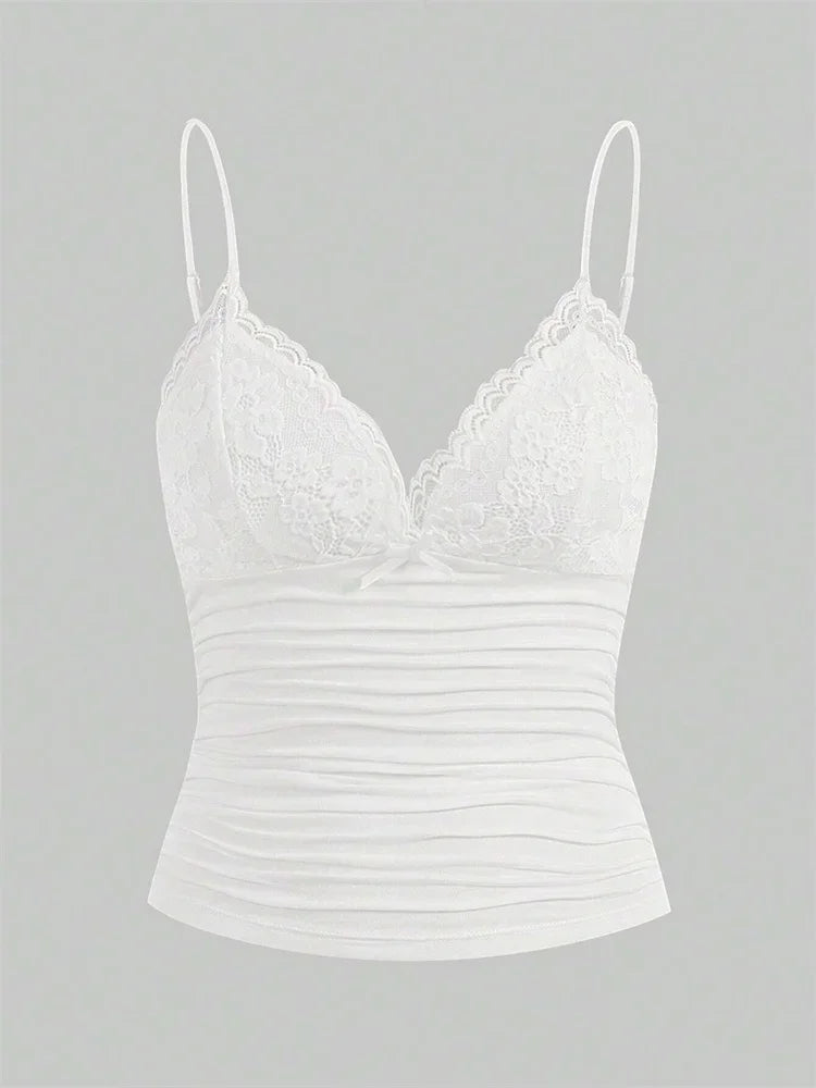 Contrast-Lace Bow-Front Cami Crop Top