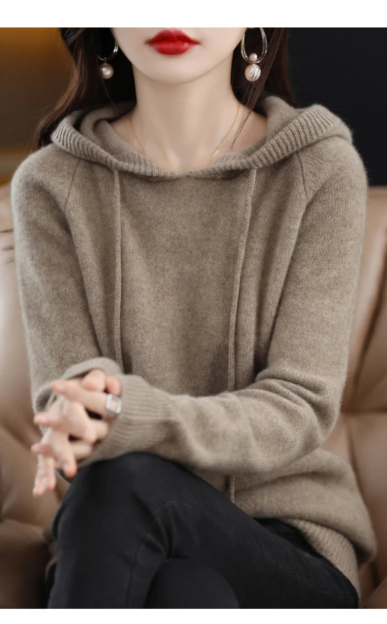 Hooded Sweater Fashion Women Autumn Winter Long Sleeve Solid Color Knitted Hoodies Lady Loose Drawstring Casual Pullover Hoodie