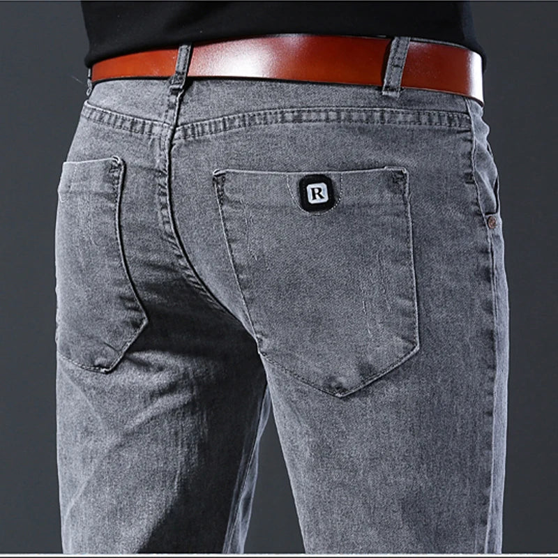 Men's Grey Mid-Waist Slim Stretch Jeans
