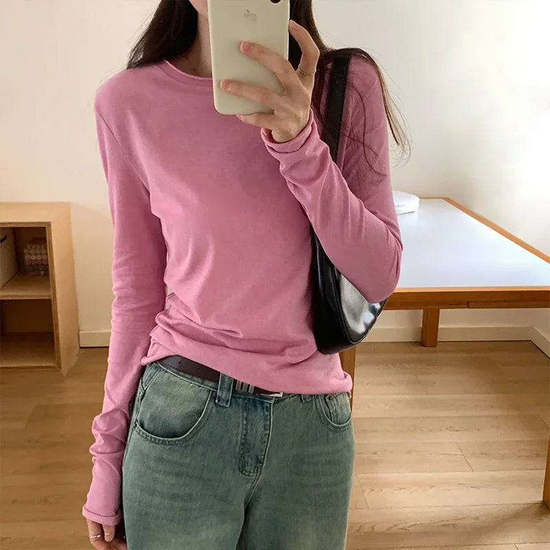 Spring T shirt Women Tops Solid Long Sleeve Ruched O Neck Tshirts Female Korean Casual Streetwear High Quality Base Tees 2026
