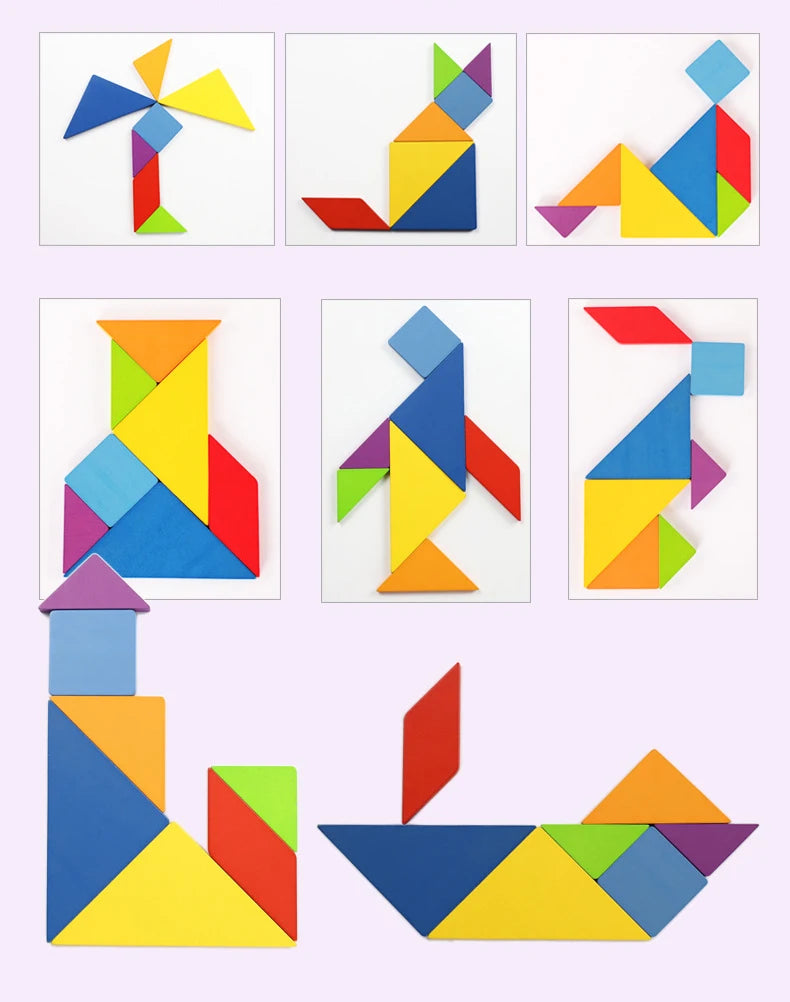 Children's Wooden Colorful Tangram Iron Box Storage Jigsaw Puzzle Puzzle Early Education Intelligence Number Letter Wooden Toys