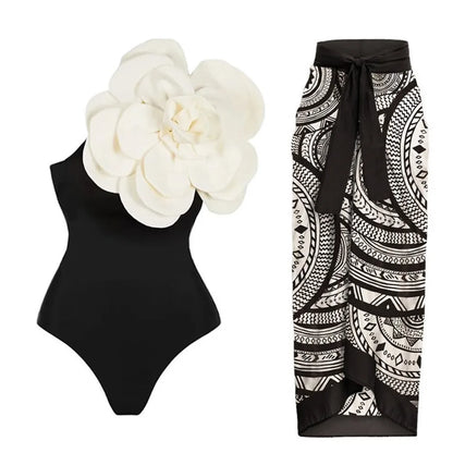 Blue One-Shoulder Ruffled Print Floral Swimsuit Set Cover Up Single Piece Micro Monokini Sexy Swimwear For Girls Summer Beach
