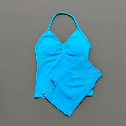 Yoga 2 Pieces Gym Set Women Backless Halter Tops High Waist Seamless Shorts Gym Suit Fitness Sports Bras Sportswear Workout Sets