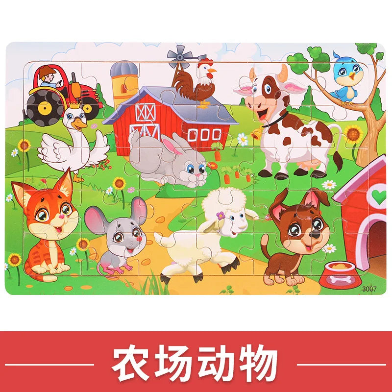 NEW Wooden 30pcs Puzzles Children Animal Dinosaur Cartoon Plane Puzzle Baby Early Education and Intellectual Building Block Toys