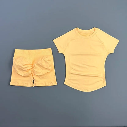 2 Pieces HISTELLO Sports Sets Short Sleeve Seamless Yoga Top Fitness Set Women Workout Running Sports Shorts Gym Suit