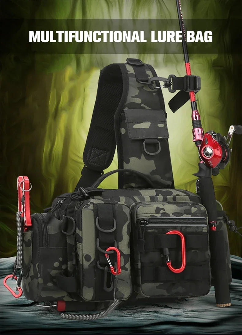 Large Capacity Fishing Gear Bag with Bait Box, 3-in-1 Shoulder Waist Crossbody Fishing Rod Storage Bag