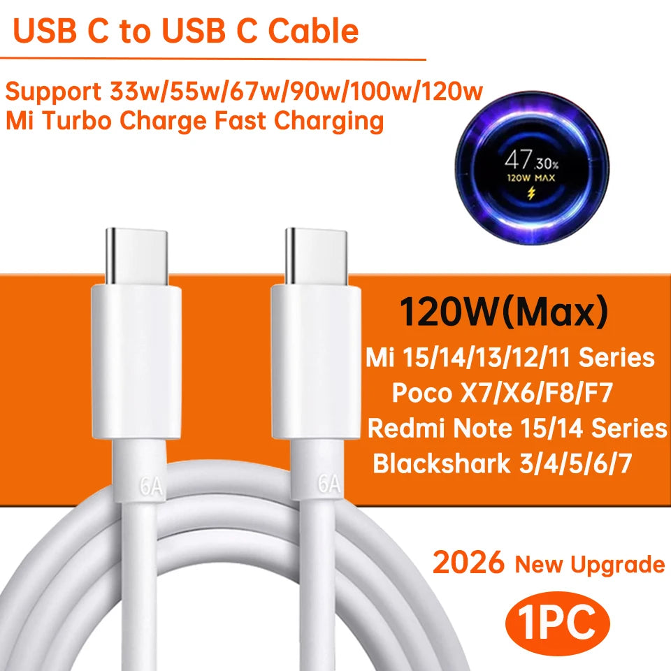 XIAOMI Original Usb Type C Cable 120W 100W 90W 67W 45W Turbo Fast Charger Mi 17 15 14 13 12 T Pro Ultra Poco F8 X8 X7 Redmi Note