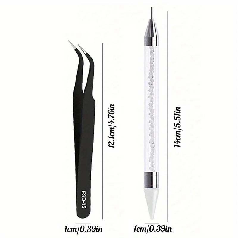 2Pcs set of manicure double-ended diamond pens with crayons stainless steel tweezers nail art grafting eyelashes manicure tools