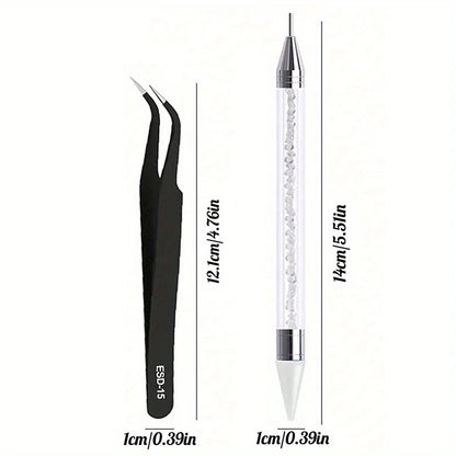 2Pcs set of manicure double-ended diamond pens with crayons stainless steel tweezers nail art grafting eyelashes manicure tools