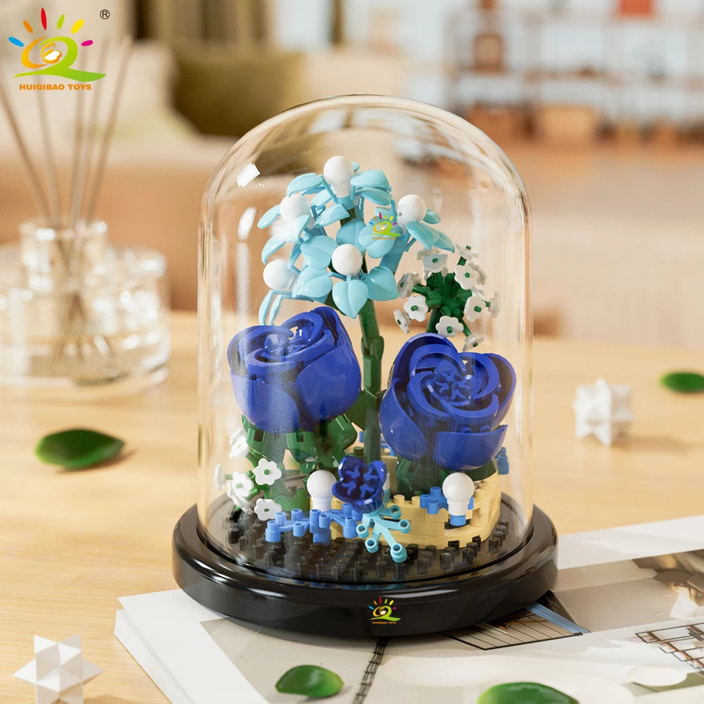 HUIQIBAO MOC Eternal Bouquet Display Box Micro Building Blocks Flower Model DIY Home Desk Plant Decoration Brick Toy For Childre