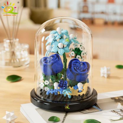 HUIQIBAO MOC Eternal Bouquet Display Box Micro Building Blocks Flower Model DIY Home Desk Plant Decoration Brick Toy For Childre