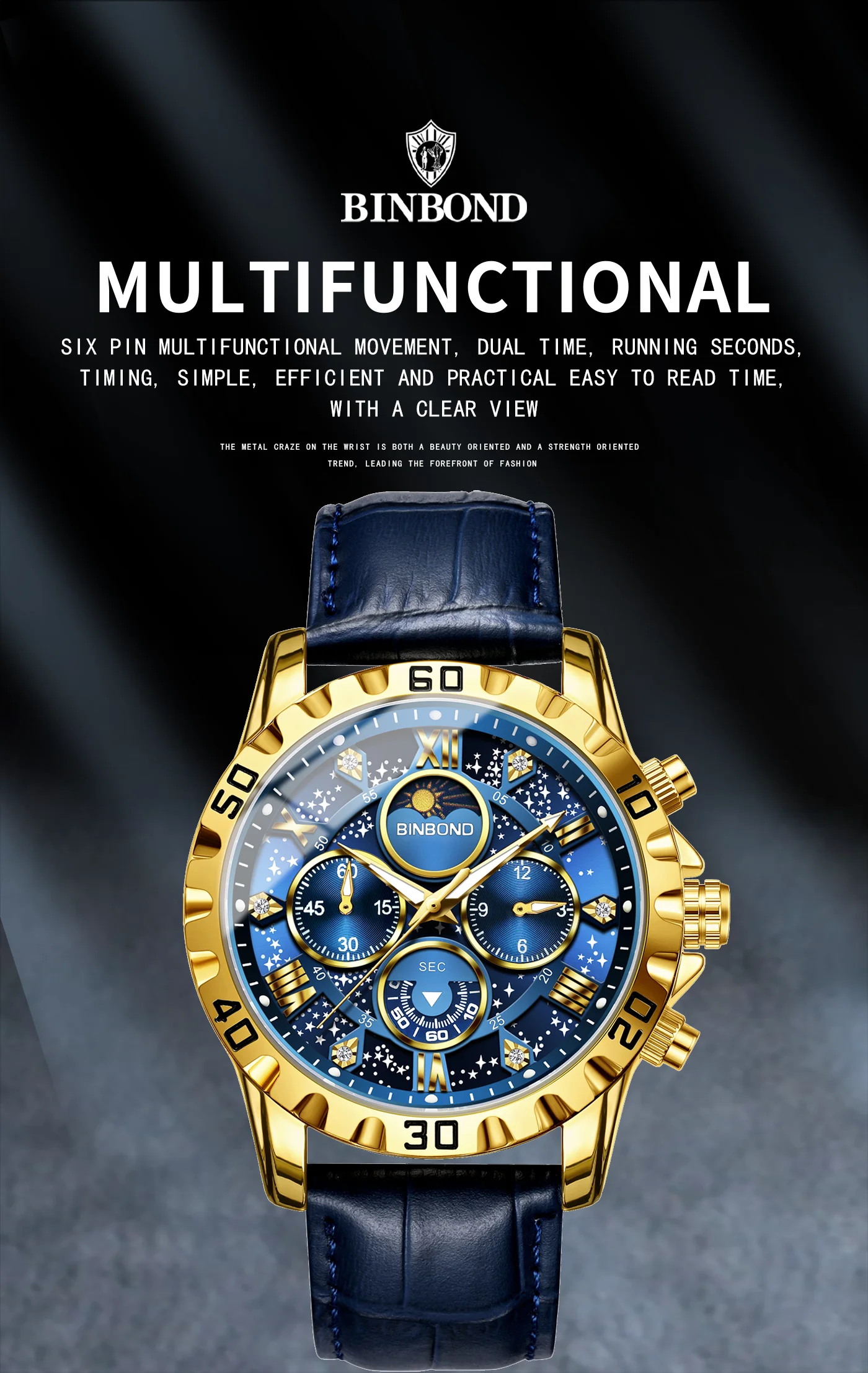BINBOND Genuine accurate quartz wristwatches for men luxury luminous waterproof chronograph leather strap men's watch reloj
