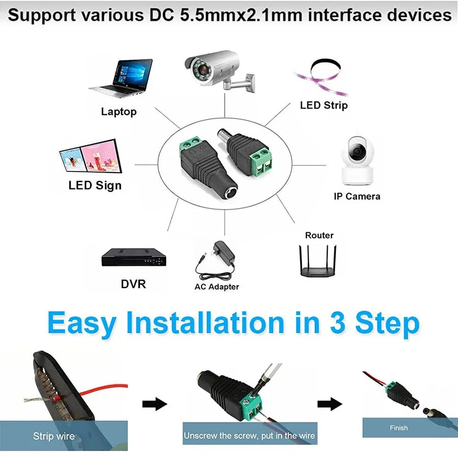 5pairs DC 12V Female And Male Connectors 5.5x2.1mm Power Plug Adapter Jacks Sockets For Signal Color LED Strip Light CCTV Camera
