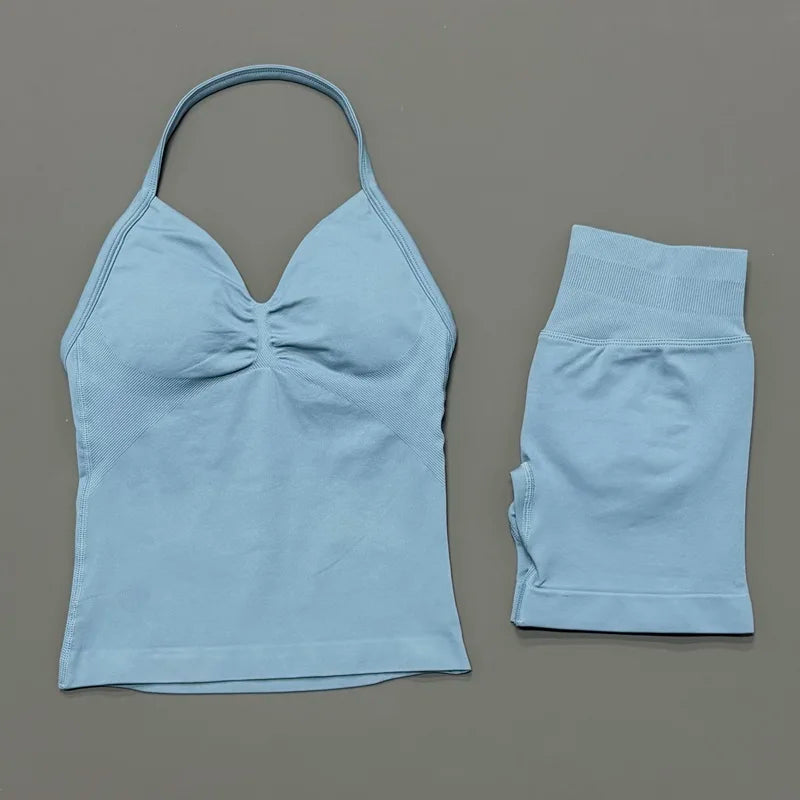 Yoga 2 Pieces Gym Set Women Backless Halter Tops High Waist Seamless Shorts Gym Suit Fitness Sports Bras Sportswear Workout Sets