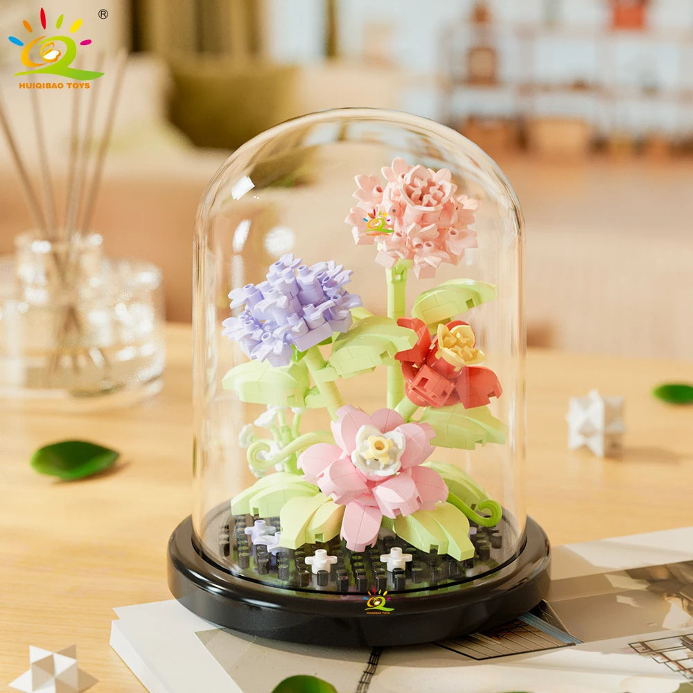 HUIQIBAO MOC Eternal Bouquet Display Box Micro Building Blocks Flower Model DIY Home Desk Plant Decoration Brick Toy For Childre