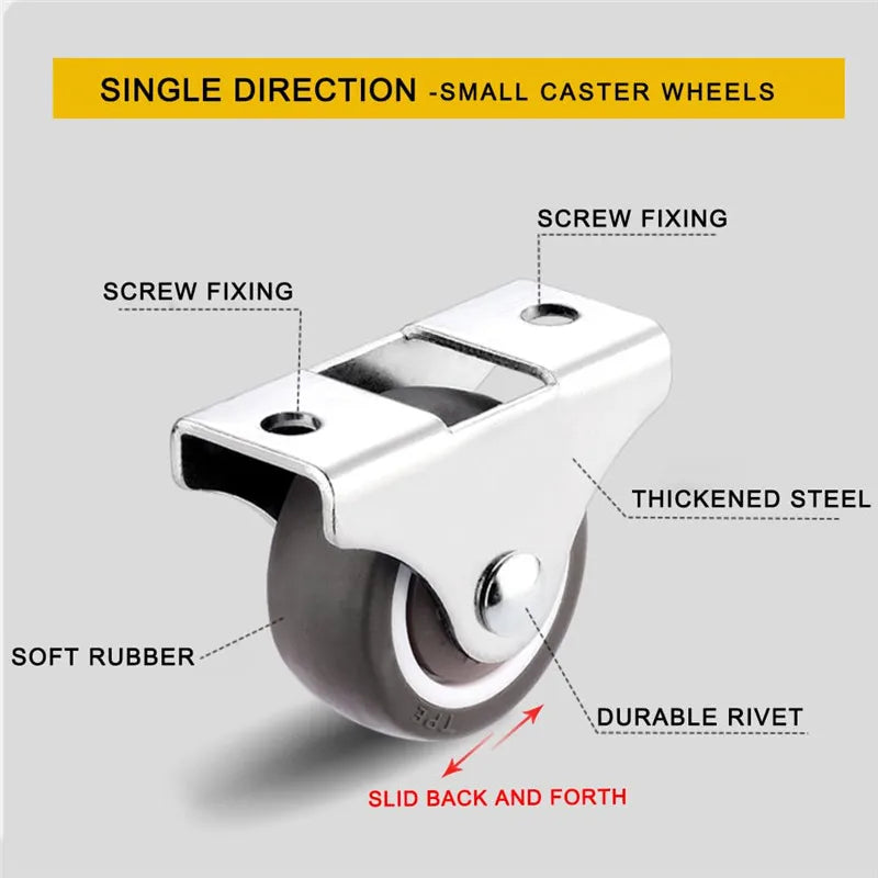 4 Pack Mini Fixed Caster Wheels 1 inch Silent Small Wheels TPR Rubber Low Profile Caster for Furniture Rolling Cabinet Trundle