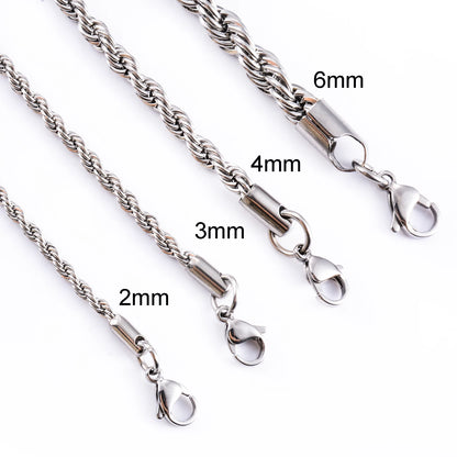 2/3/4/5/6mm Stainless Steel Twisted Rope Chain Silver/Gold Color Bracelet 3cm Extension for Men Women Jewelry Chains