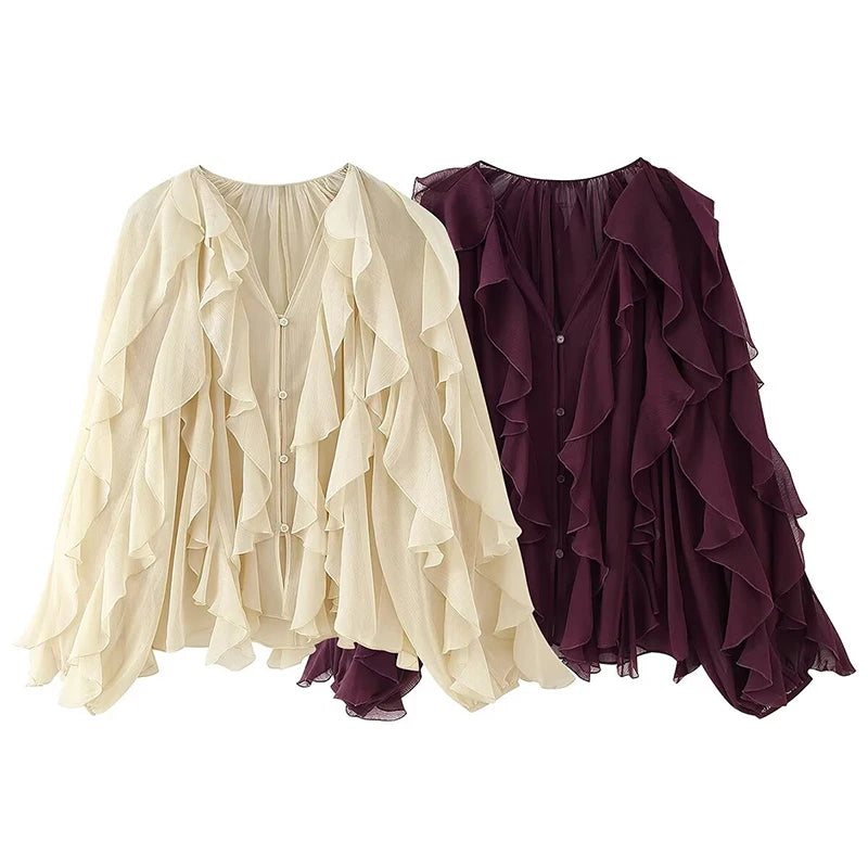 YENKYE New 2025 Women Sexy Semi-sheer Ruffle Shirt Long Sleeve V Neck Front Button Autumn Blouse Burgundy Blusas Mujer