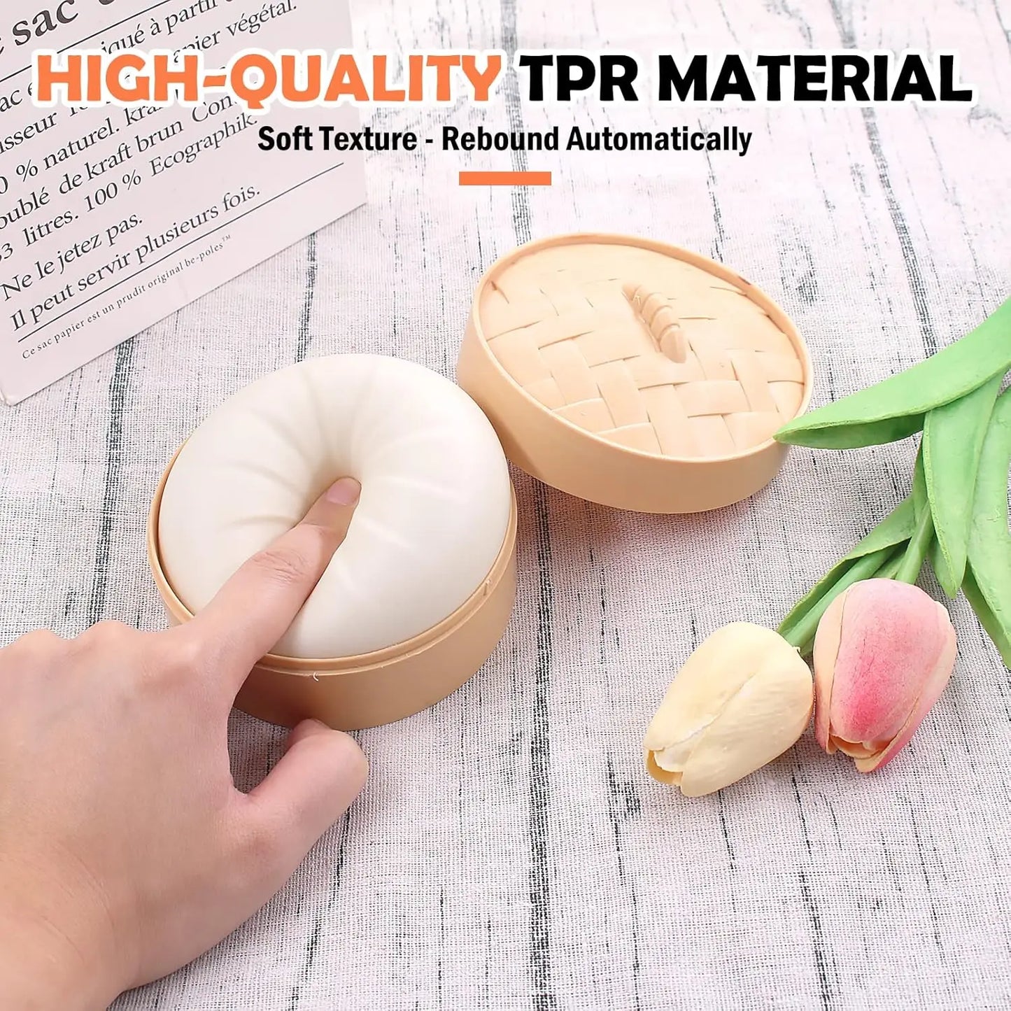 Colorful Dumpling Squishes Stress Balls Fidget Sensory Toys Simulation Food Squishies Bun with Steamer Squeeze Dough Ball Gifts