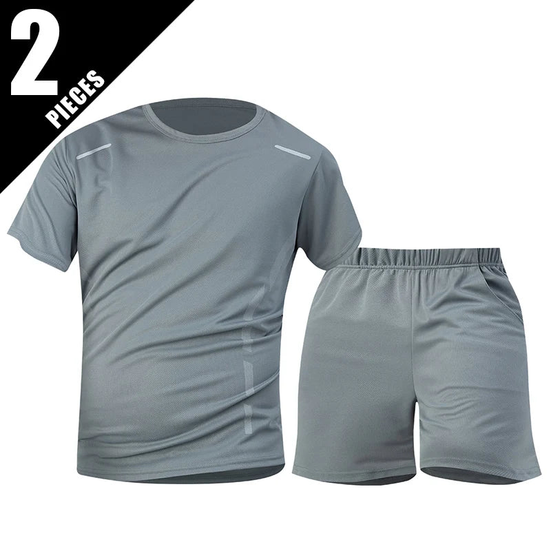 2-Piece Men's Summer Quick Drying Sports Suit Loose And Breathable Short Sleeved T-shirt Running And Fitness Black Pocket Shorts
