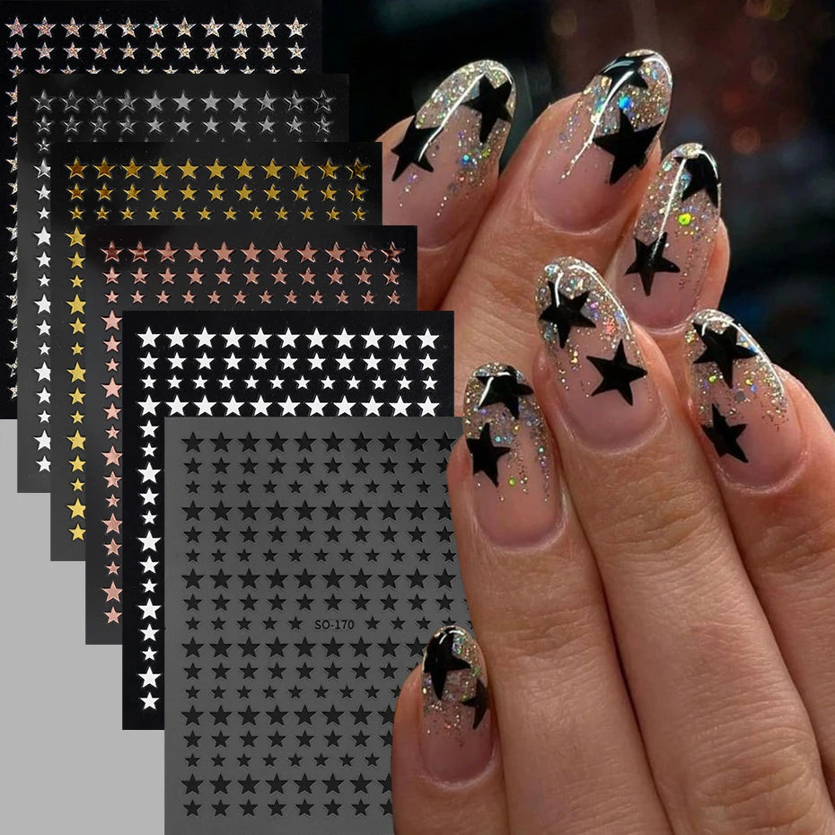3D Black Pink Stars Stickers for Nails Golden Silvery Stars Adhesive Nail Decals Autumn Winter Festival DIY Nail Art Accessories