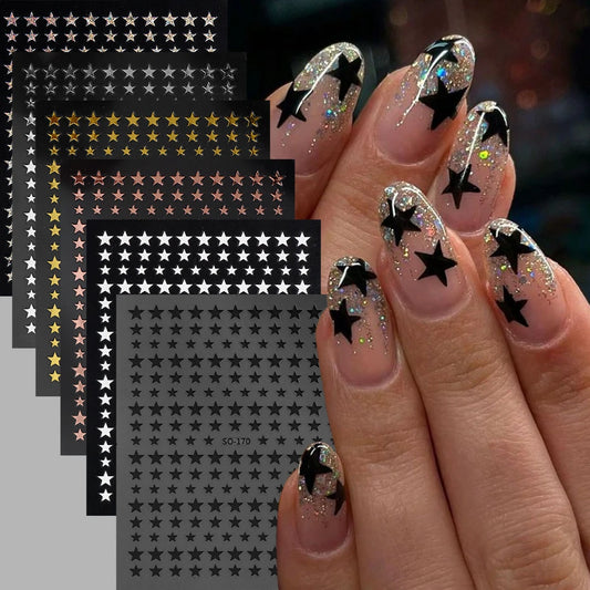 3D Black Pink Stars Stickers for Nails Golden Silvery Stars Adhesive Nail Decals Autumn Winter Festival DIY Nail Art Accessories