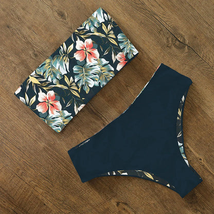 2025 New Sexy Low Hight Bikini Set Swimwear Women Bandeau Female Print Floral Strappy Swimsuit Bathing Suit Beach Wear Biquini