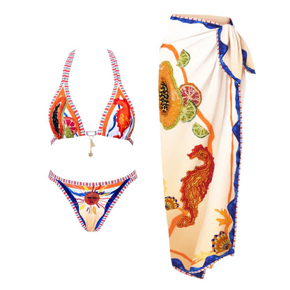 2026 New High Quality Elegant One Piece Swimsuit And Skirt Print Deep-V Lace-up Women Bikini Set Swimwear Party Bathing Suit