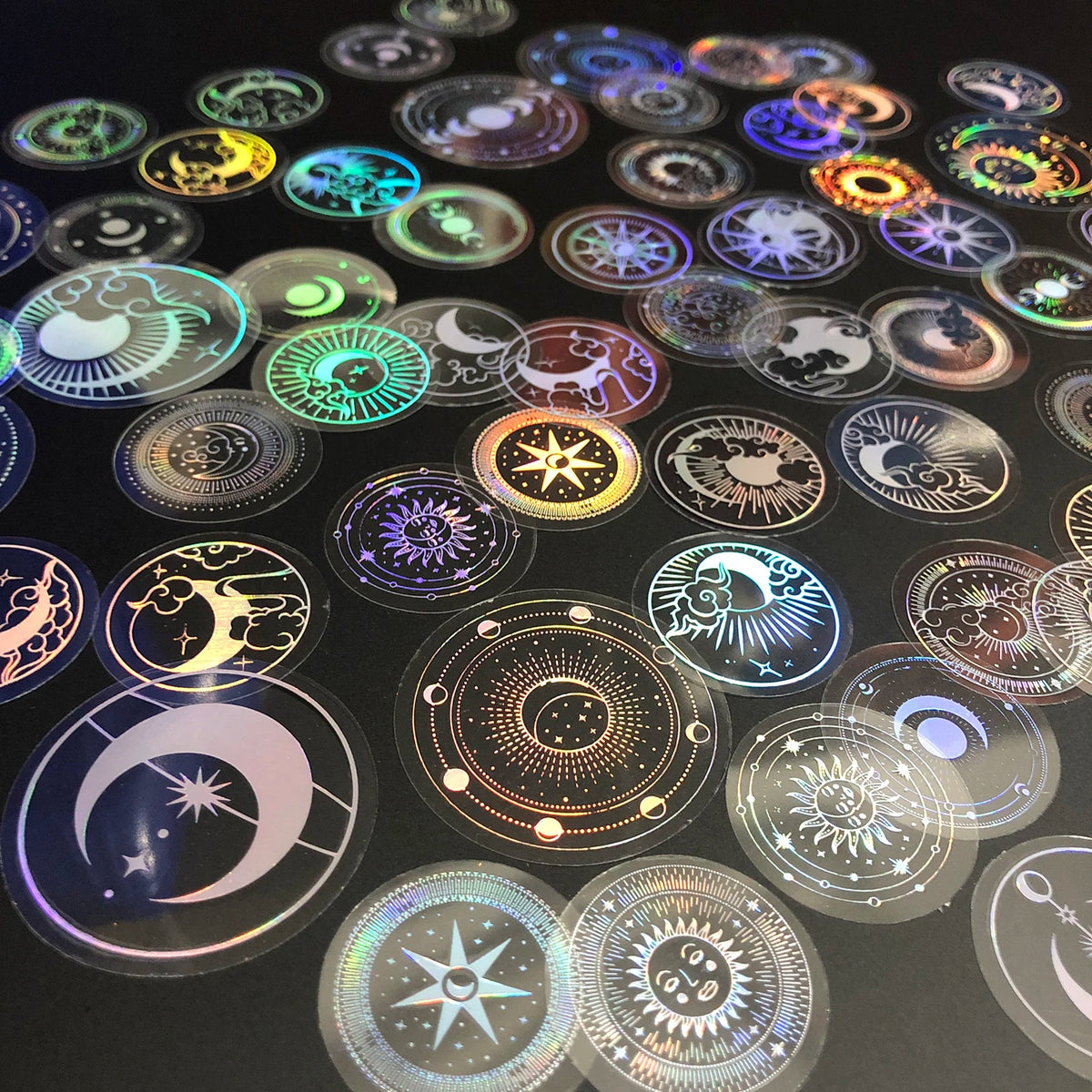 70 pcs PET Adhesive Stickers Waterproof Transparent Laser Silver Stickers Label: SUN MOON Stars Etc