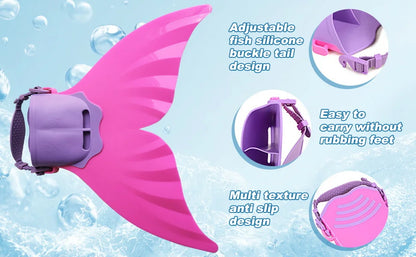 Adjustable Mermaid Silicone Fins Swimming Training & Beach, Soft Body Hard Fin with 3 Non-Slip Grips, Photo Cosplay Gear for Kid