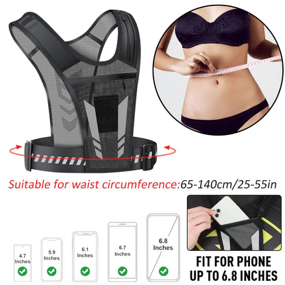 Reflective Running Vest with Phone Holder & Key Pocket | Adjustable Strap for Men Women Night Jogging Walking Gym Exercise Gear