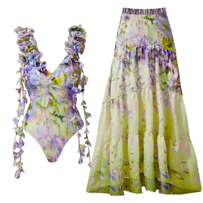 Blue One-Shoulder Ruffled Print Floral Swimsuit Set Cover Up Single Piece Micro Monokini Sexy Swimwear For Girls Summer Beach