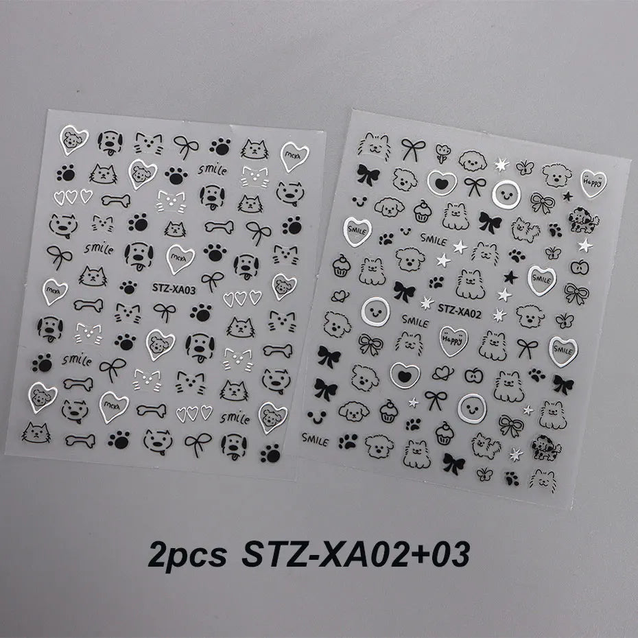 2pcs 3D Cute Silver Smile Dog Decals Y2K Cartoon Cat Footprint Nail Stickers Graffiti Star Heart Bowknot Manicure Slider Decor