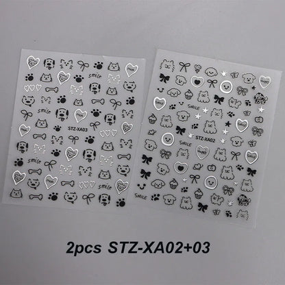 2pcs 3D Cute Silver Smile Dog Decals Y2K Cartoon Cat Footprint Nail Stickers Graffiti Star Heart Bowknot Manicure Slider Decor