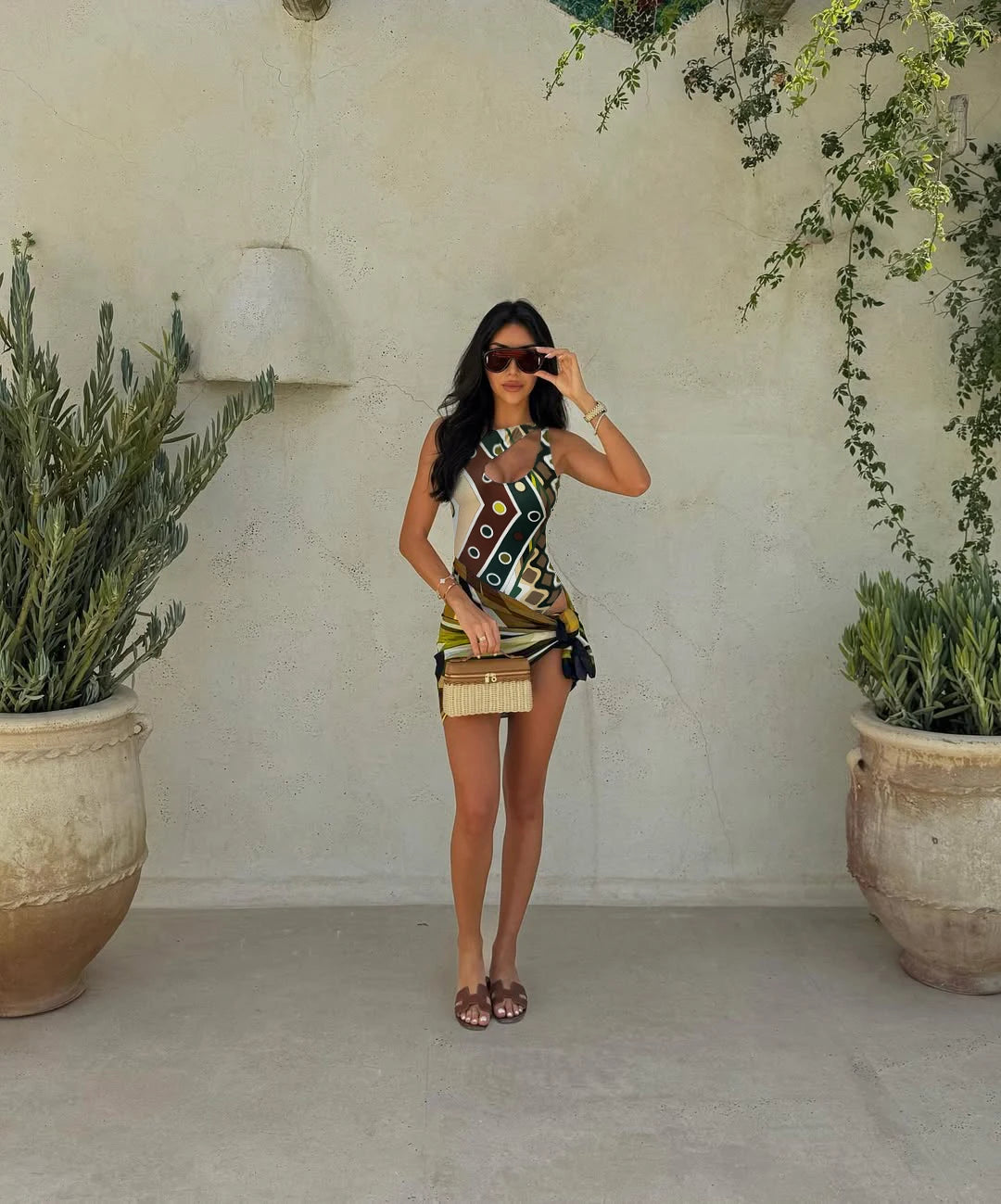 2026 New Luxury Design Women's Hollow Out One-piece Swimsuits And Skirt Geometry Print Sexy Bikini Fashion Beach Bathing Suit