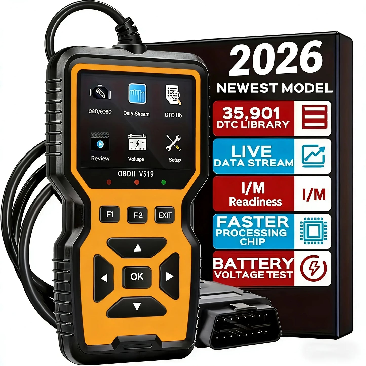 V519 Professional Obd2 Scanner - Usb-Powered Automotive Diagnostic Tool with Real-Time Data Stream, Full-Featured Obd Ii Testing (I/M Ready, Bod2/Eobd), Clears Engine Fault Lights, Reads/Erases Codes for Most Vehicles, Automo