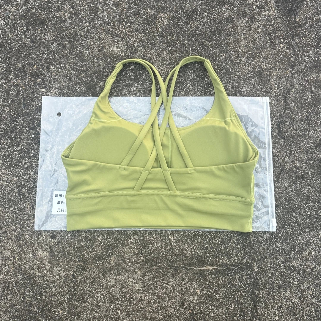 Solid Color Soft Cross Back Women Fitness Bra Tights Yoga Vest High Strength Shockproof Gym Sports Top Push Up With Chest Pad