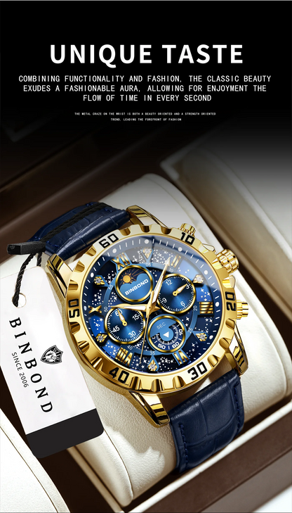 BINBOND Genuine accurate quartz wristwatches for men luxury luminous waterproof chronograph leather strap men's watch reloj