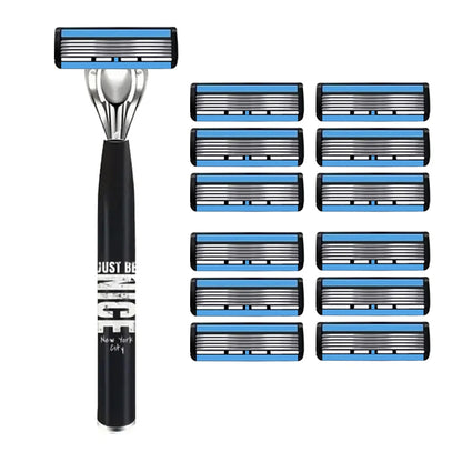 Men's 6-Blade Manual Razor with Non-Slip Handle and Multiple Replacement Blades - Ideal for Trimming Beards and Mustaches